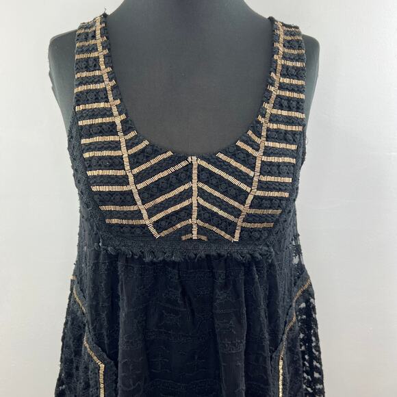 Anthropologie Vanessa Virginia Black Gold Lace Beaded Fit & Flare Tank Top XS 6 - Picture 2 of 8